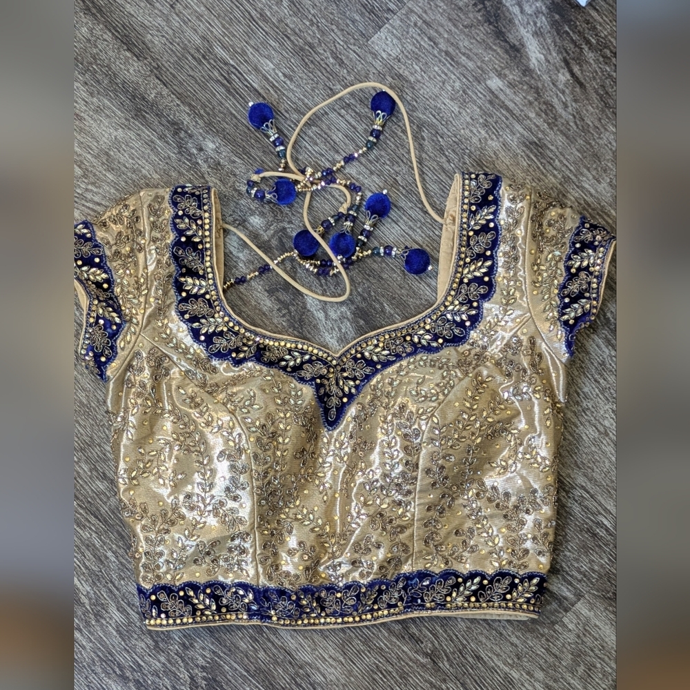 Handmade handbeaded Silk Seree Top – Royal Blue & Gold Stunning